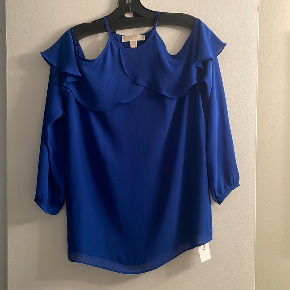 Michael Kors blue long sleeve top with exposed shoulders
